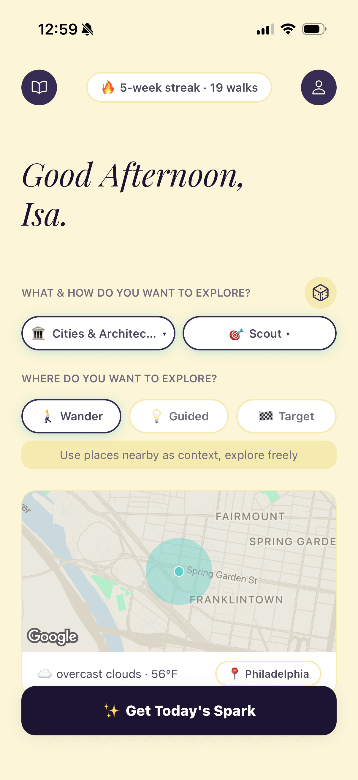 Journey Sparks app — home screen